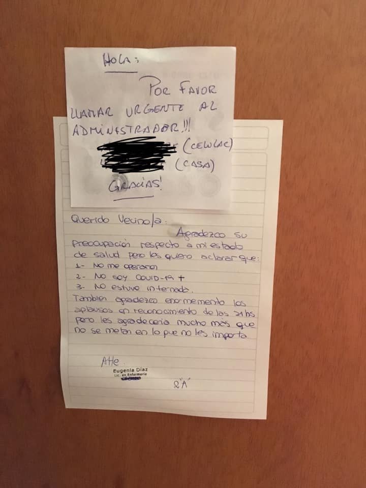 Es trabajadora de la salud pero igual sus vecinos la acusaron de no cumplir con la cuarentena: “Crean fantasmas donde no los hay”