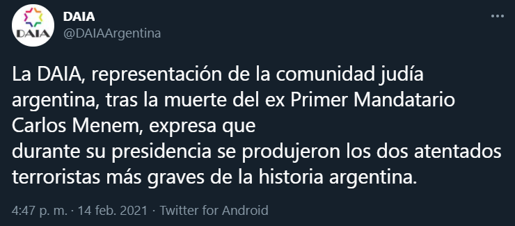El presidente de la DAIA afirmó que «la muerte no indulta a Menem por los atentados»