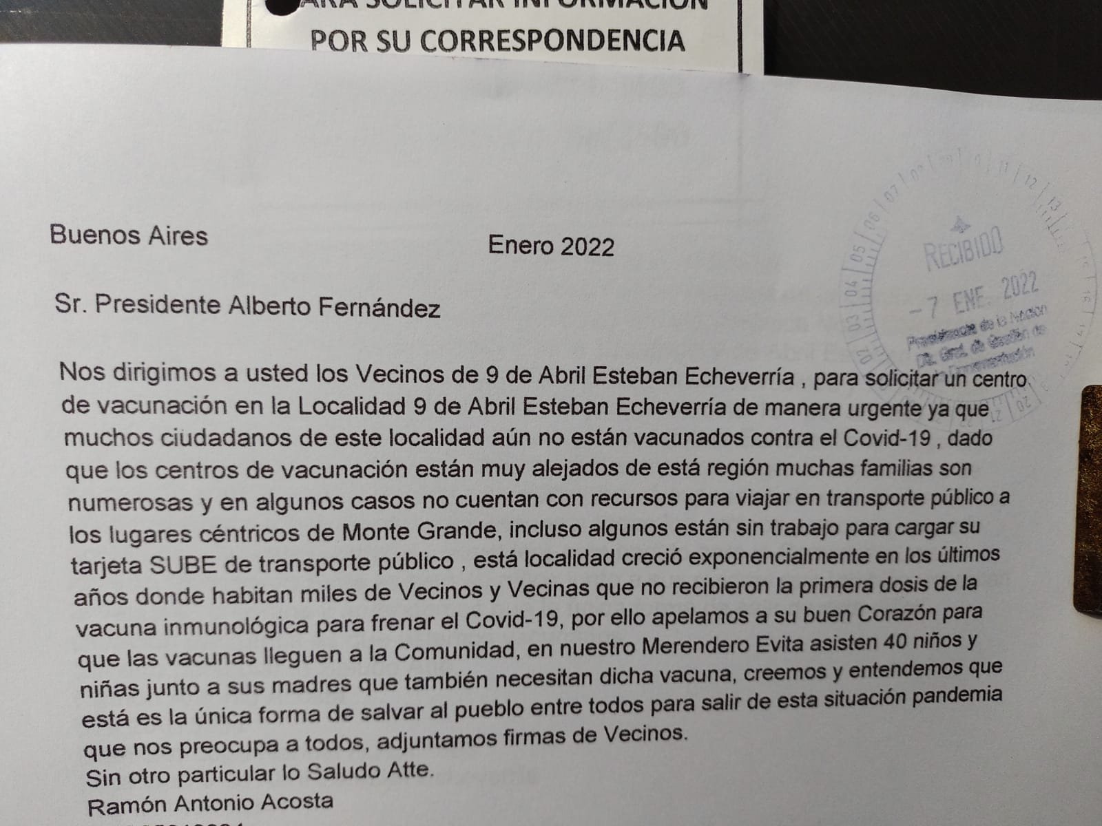 Vecinos de 9 de Abril entregaron un petitorio al Presidente y al Gobernador para que la localidad sume un nuevo centro de vacunación y testeo