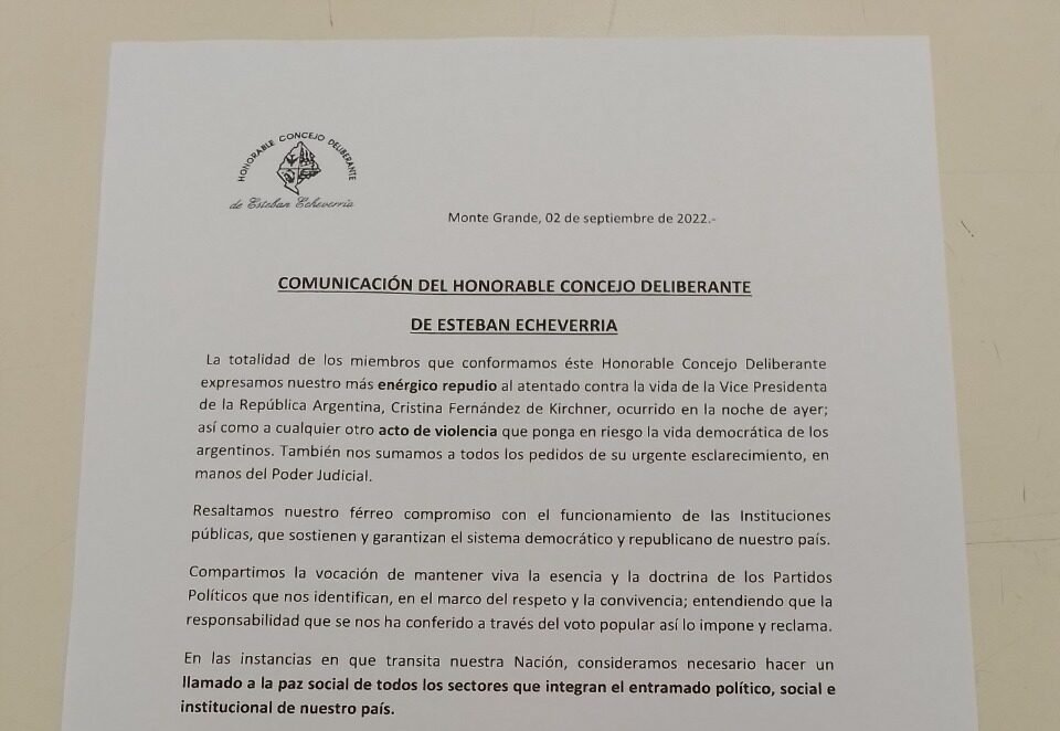 El HCD de Echeverría expresó su repudio ante el atentado a la vicepresidenta