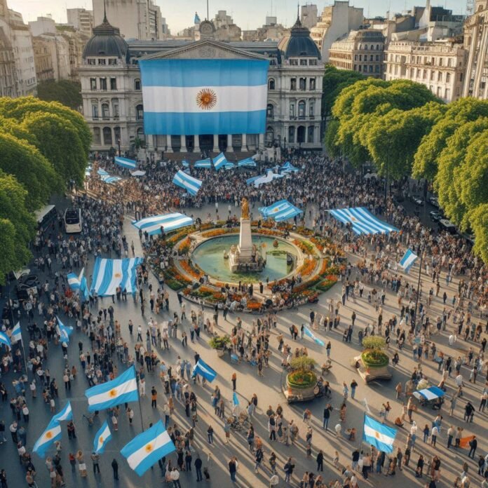 gente reunida en torno a una plaza con banderas argentinas