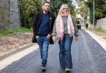 Fabiani y Paula Eichel recorrieron la pavimentación de la calle Bradley en Burzaco